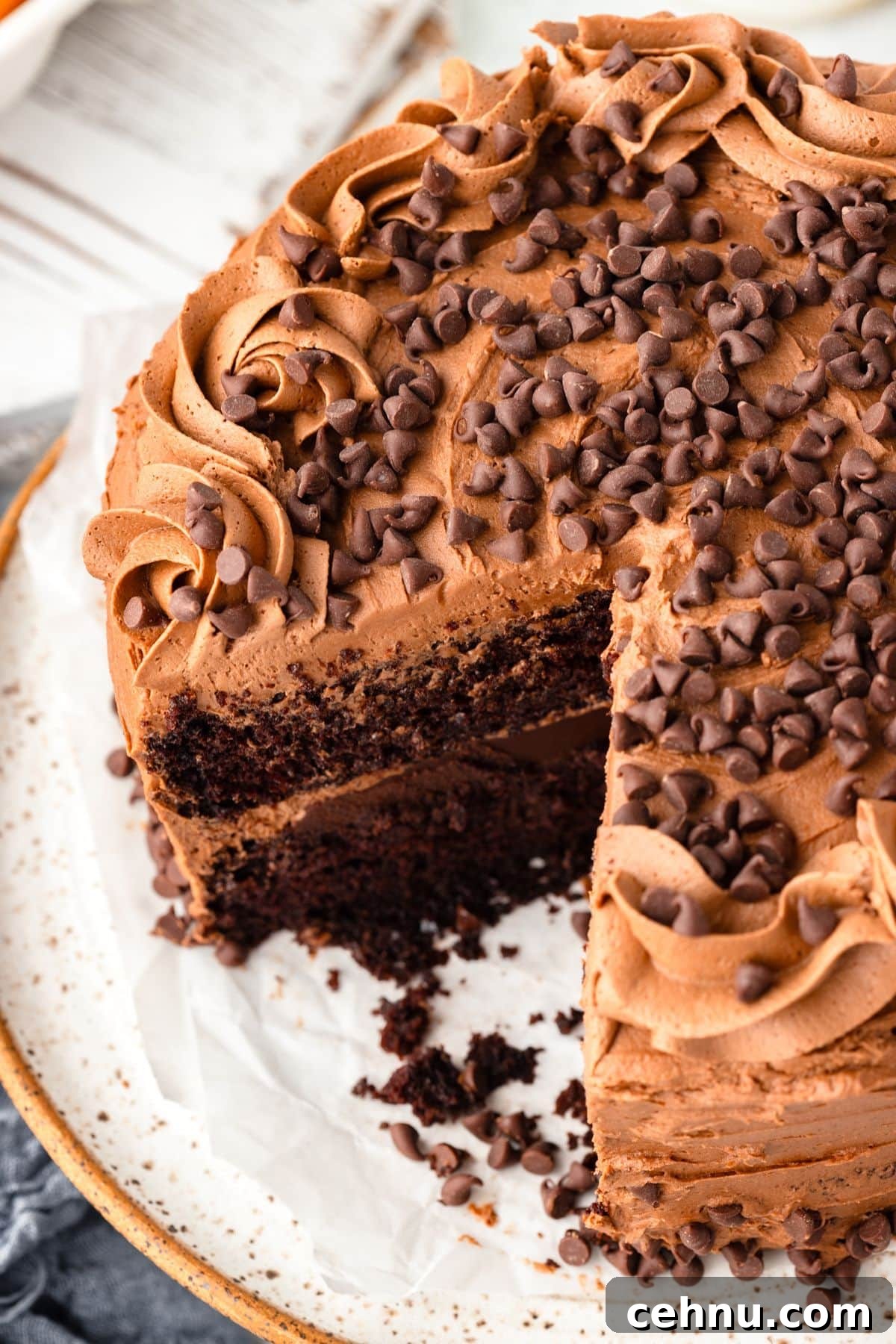 Decadent Triple Chocolate Cake Recipe 7 A decadent chocolate cake with rich frosting and chocolate chips on top. A slice has been cut out, revealing the moist, layered interior. The cake is displayed on a white plate with a lightly textured background.