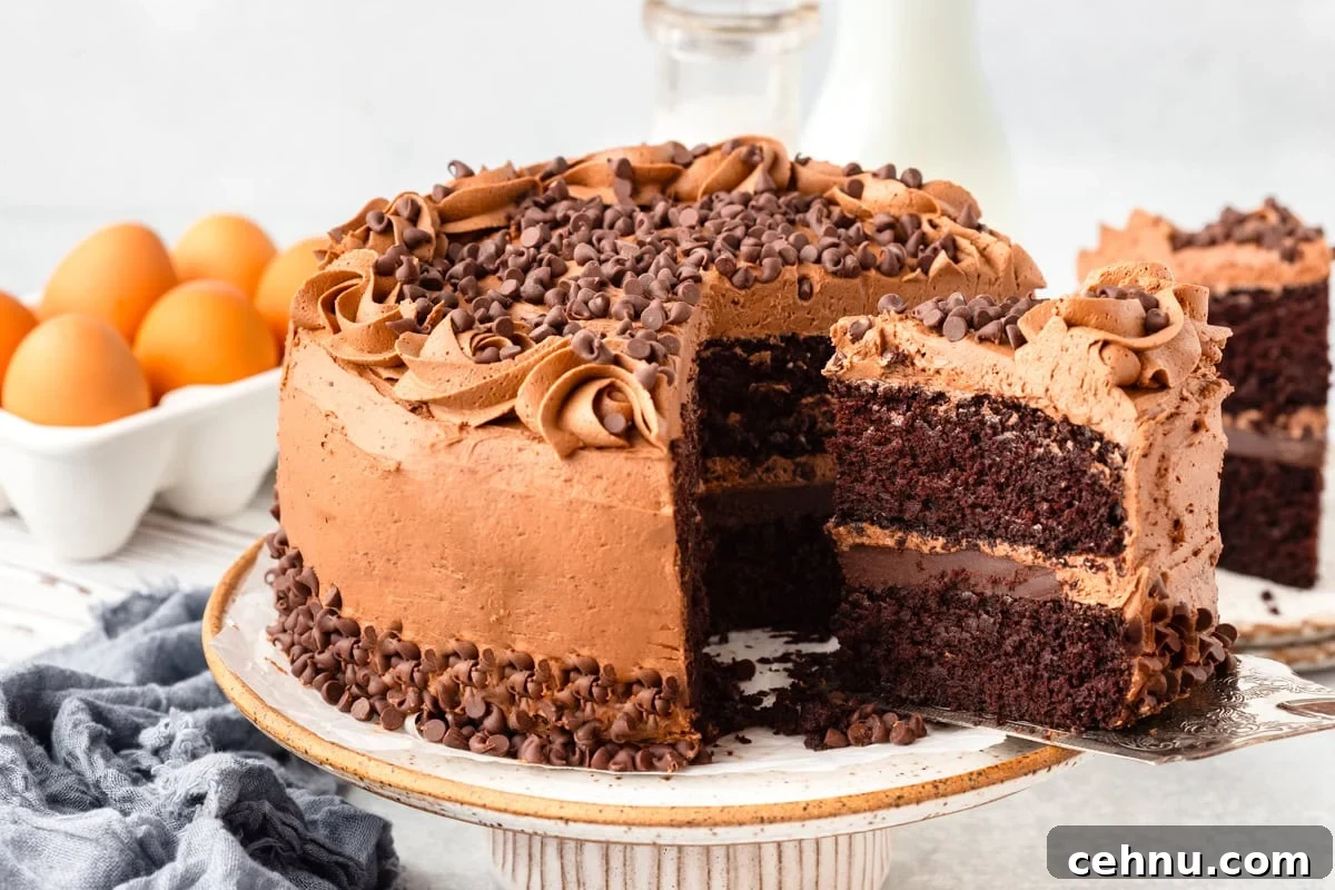 Decadent Triple Chocolate Cake Recipe 9 A chocolate cake with frosting and chocolate chips on a plate. A slice is being removed. Eggs and a milk bottle are in the background on a light-colored surface.