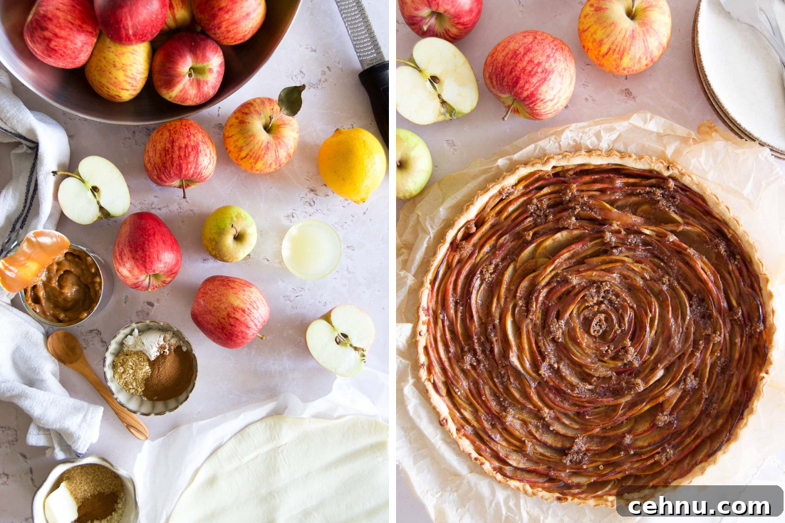 Apple Rose Tart with Dulce de Leche 3 collage of apples and a finished caramel apple tart