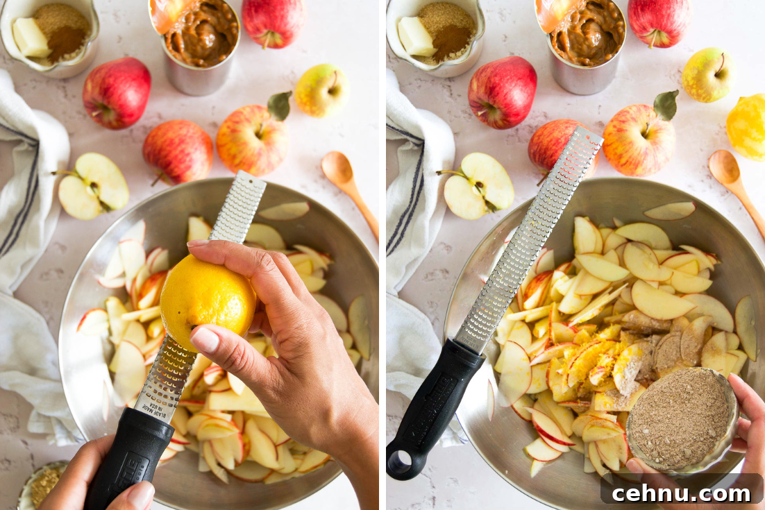 Apple Rose Tart with Dulce de Leche 4 zesting a lemon over apple slices and seasoning apple slices with spices and sugar