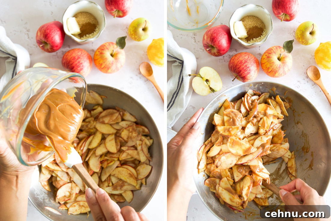 Apple Rose Tart with Dulce de Leche 5 pouring dulce de leche over spiced apple slices and stirring