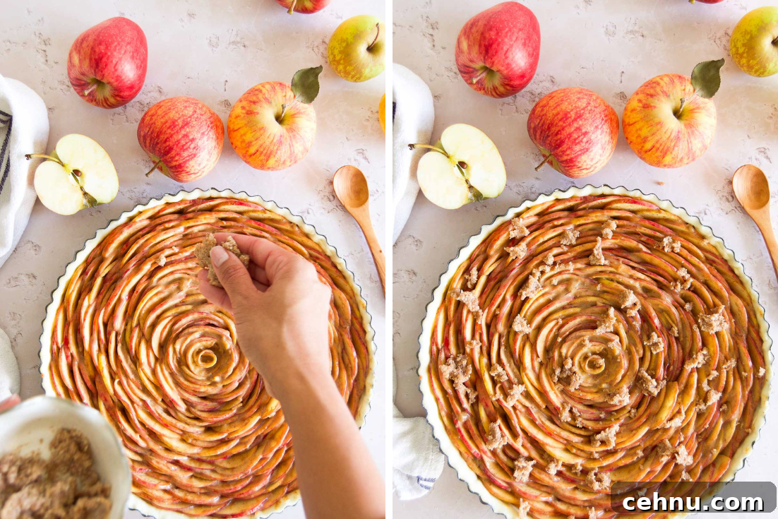 Apple Rose Tart with Dulce de Leche 6 adding the crumble topping to the rose apple tart before baking