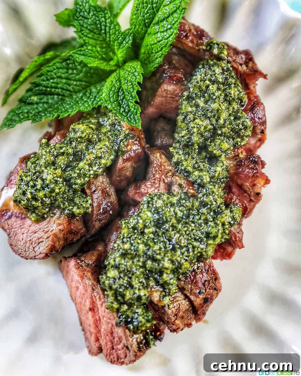 steak slices topped with mint pesto, with mint leaves as garnish on the top, on a white scalloped plate.
