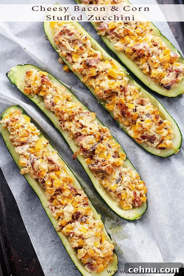 Cheesy Bacon and Corn Stuffed Zucchini | www.diethood.com | Zucchini halves stuffed with an insanely delicious mixture of cheese, bacon and corn!