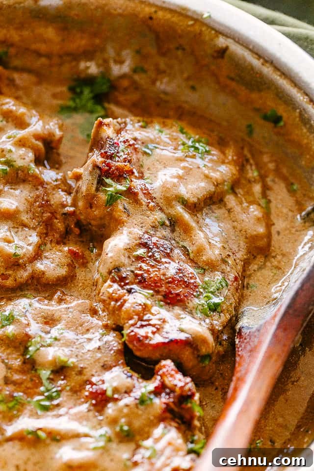 Pork chops and gravy in a skillet.