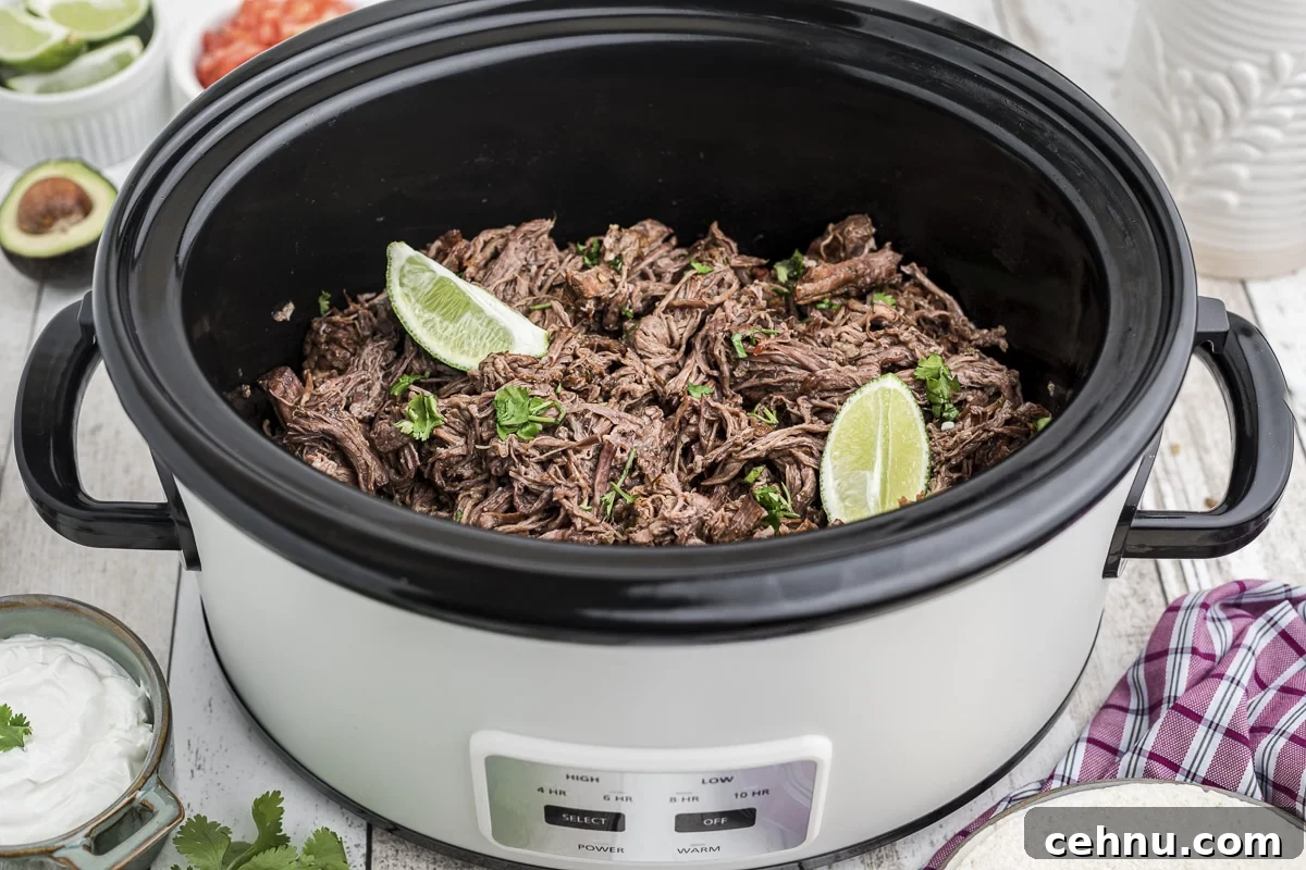 side view of mexican shreded beef in slow cooker