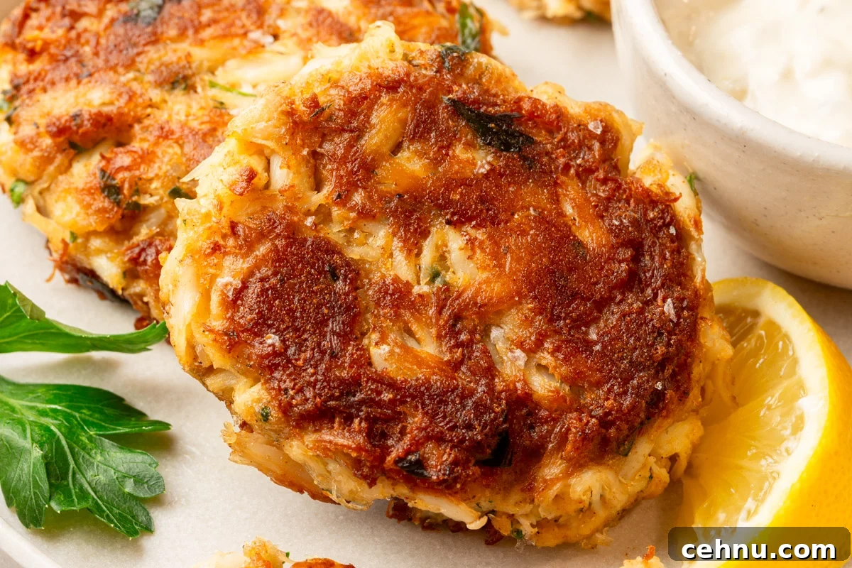 Crispy Gluten Free Crab Cakes Recipe with Lemon Dill Sauce 9 Crispy gluten-free crab cake on a plate with parsley garnish and a lemon wedge.