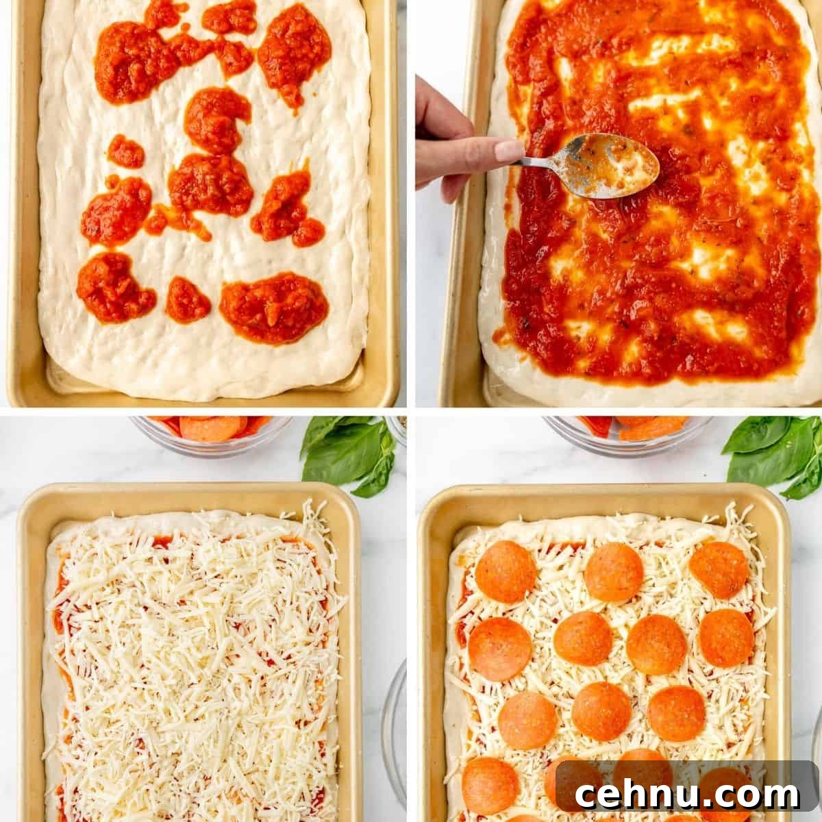 Four-step process of making a pepperoni pizza: spreading sauce on dough, smoothing sauce, adding cheese, and topping with pepperoni slices on a baking sheet.