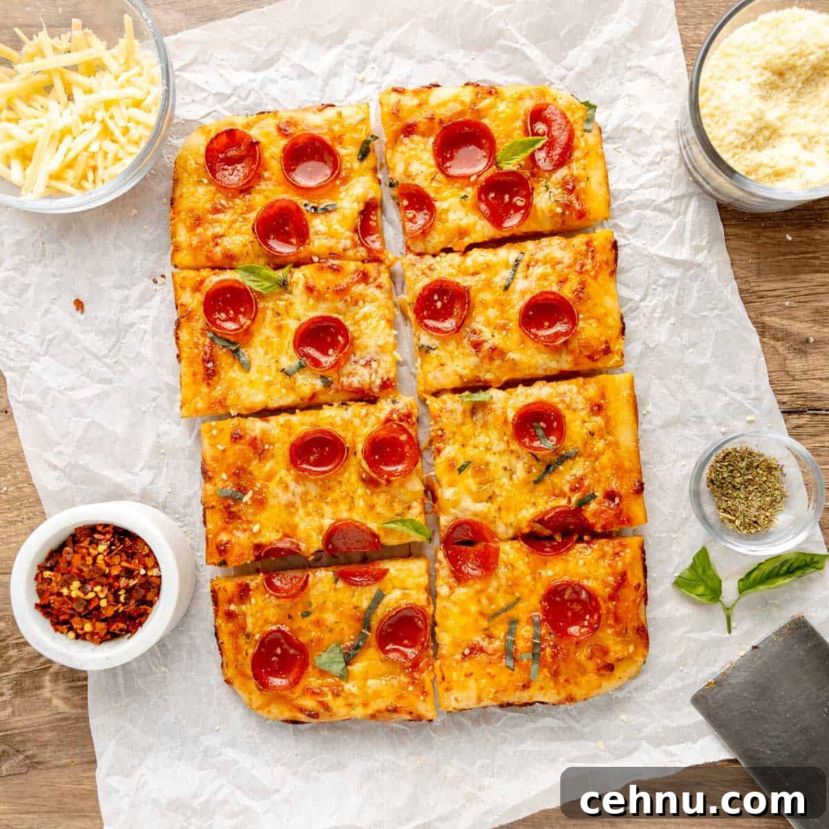 Rectangular pepperoni pizza made with homemade pizza dough, cut into eight square slices on parchment paper, surrounded by bowls of shredded cheese, grated cheese, red pepper flakes, and dried herbs.
