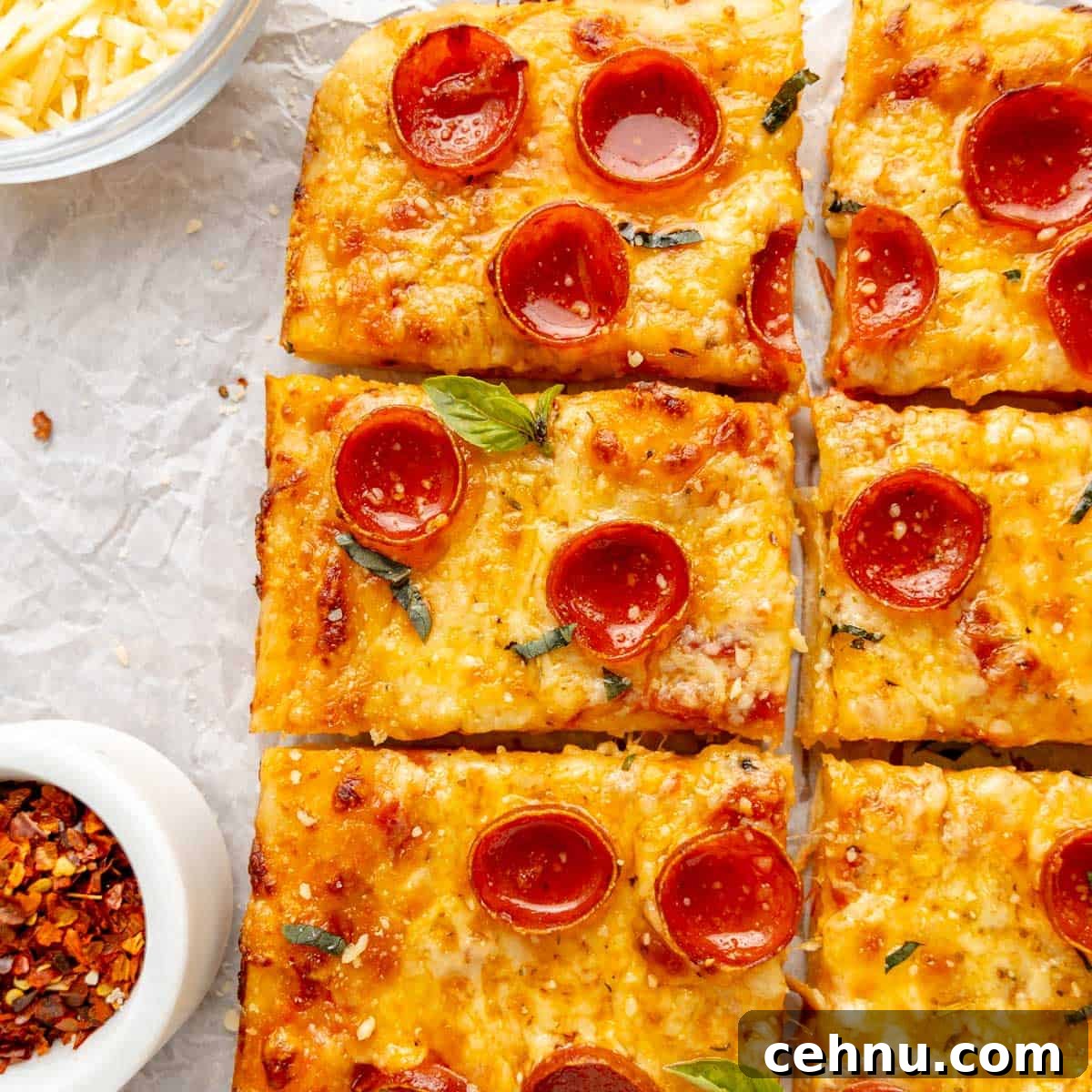 Rectangular slices of pepperoni pizza on parchment paper, with a bowl of shredded cheese and a bowl of red pepper flakes nearby.