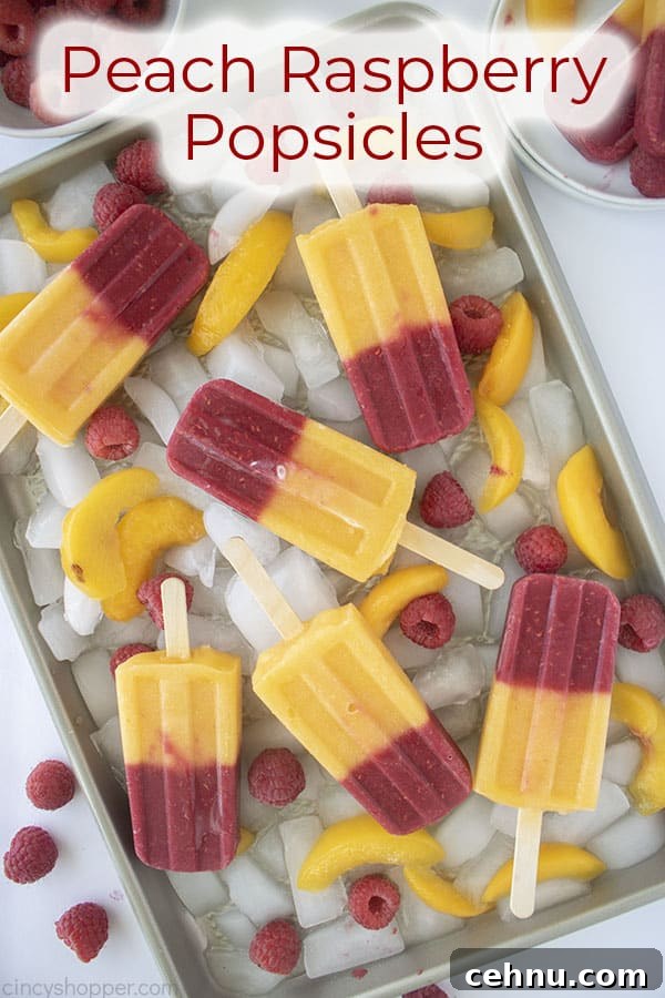 Homemade Peach and Raspberry Popsicles Recipe 4 Text on image Peach Raspberry Popsicles