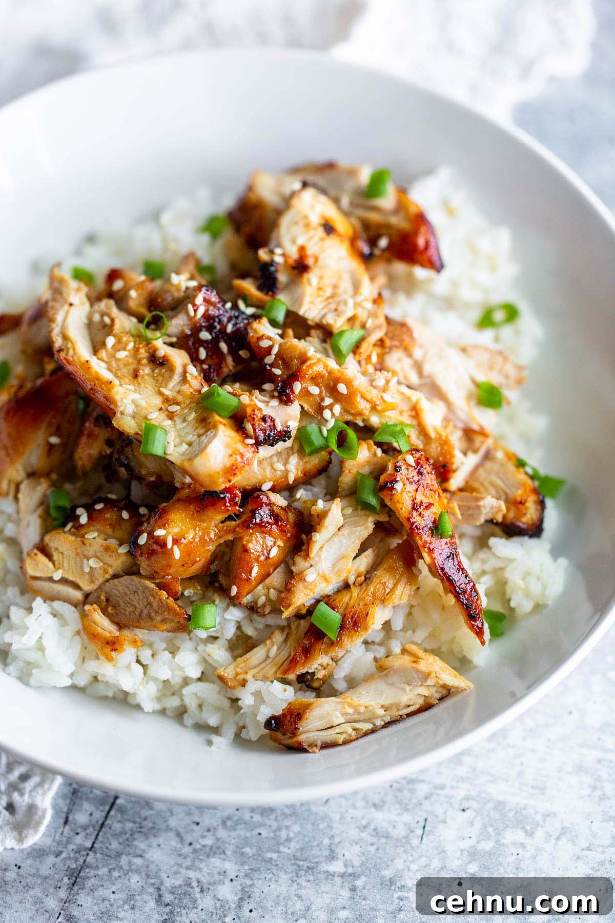 Crispy Honey Garlic Chicken Thighs in the Air Fryer 2 sliced chicken thighs served on top of a bed of rice topped with green onions