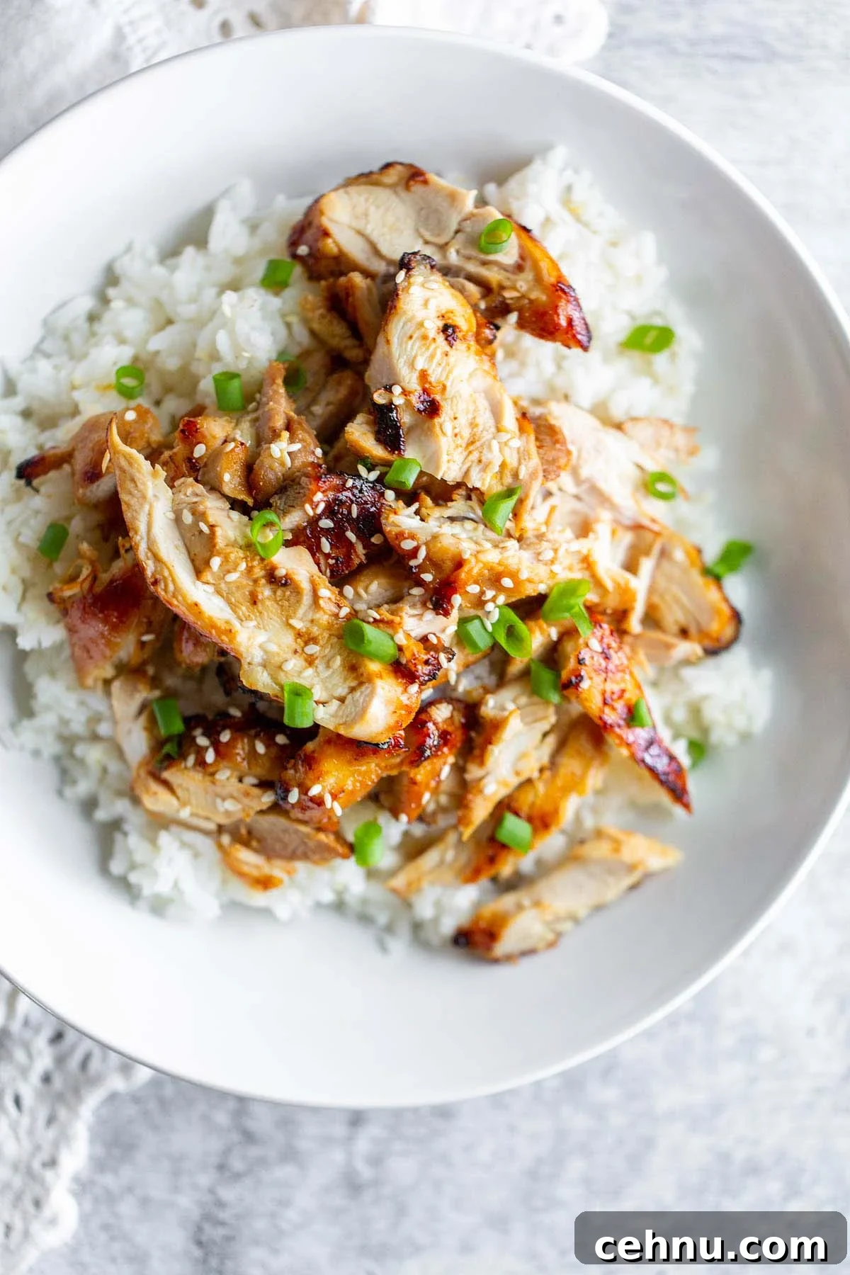 Crispy Honey Garlic Chicken Thighs in the Air Fryer 8 sliced chicken thighs served on top of a bed of rice topped with green onions