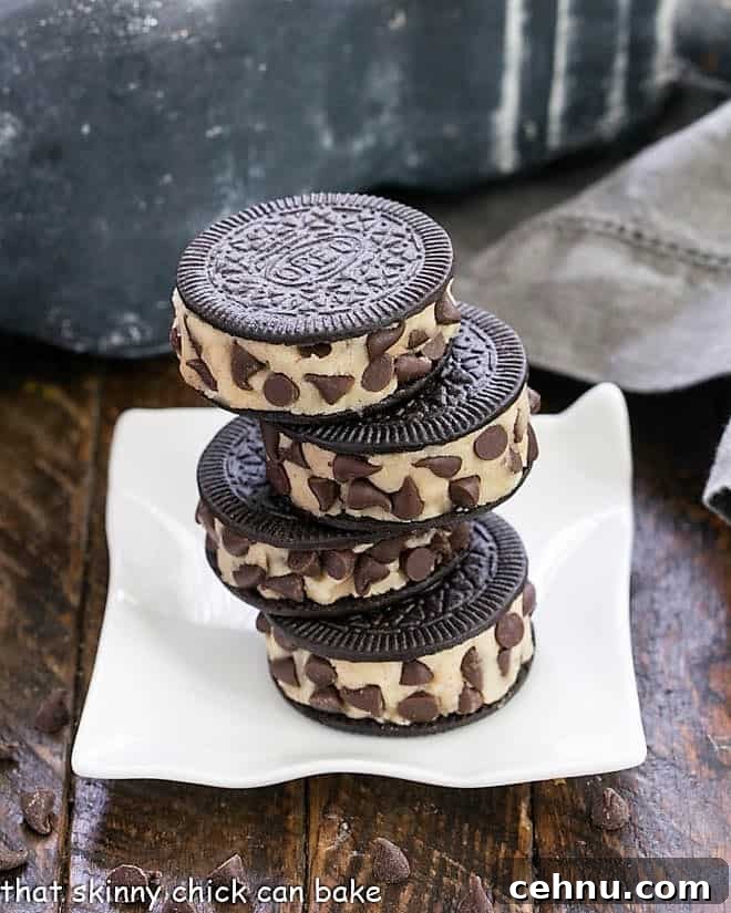 Oreo Cookie Dough Cookies - An easy semi-homemade recipe made with safe, edible cookie dough nestled in an Oreo Cookie Stack of 4 Oreo Cookie Dough cookies on a rippled square plate.