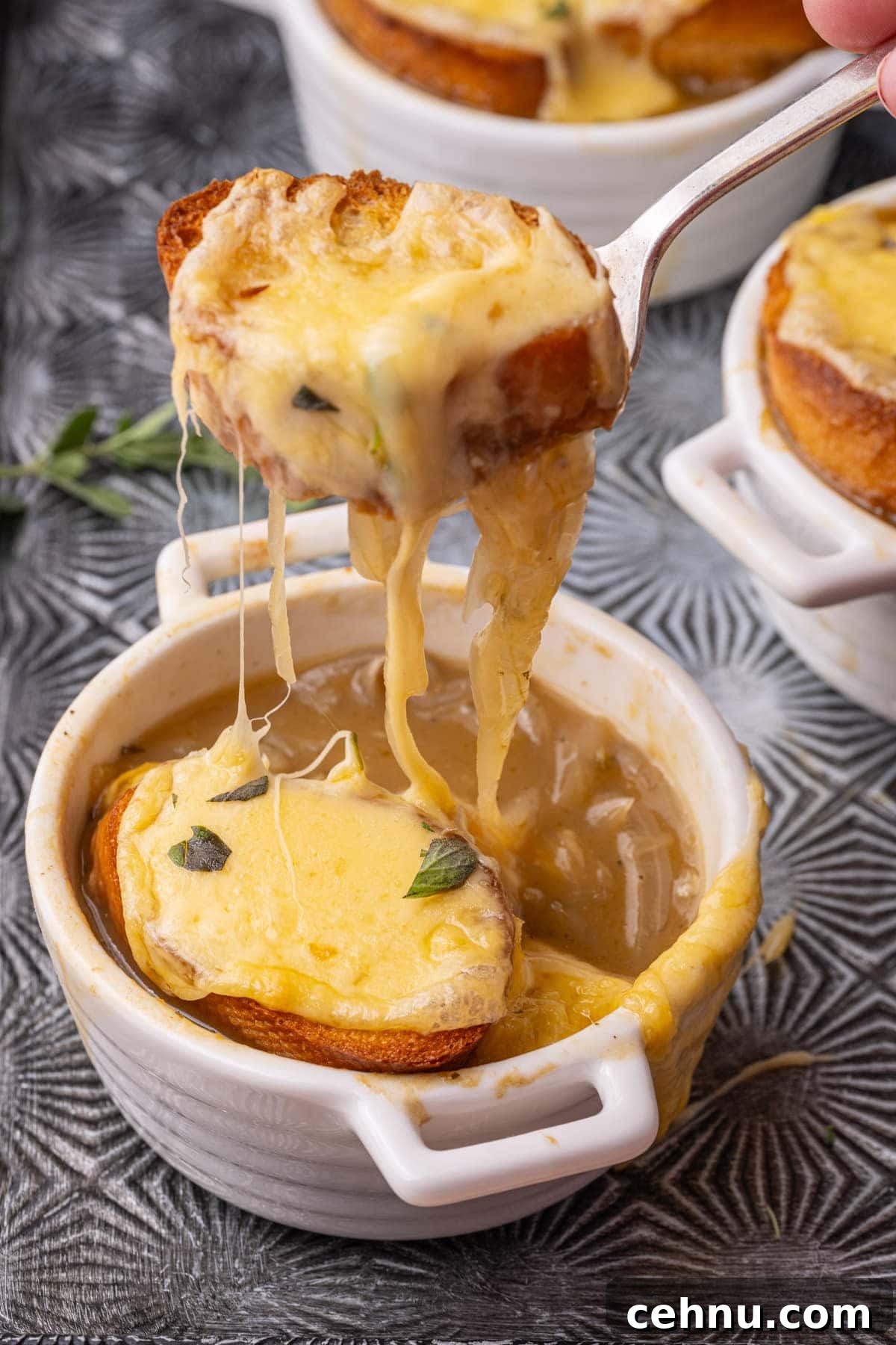 Grabbing spoonful of vegetarian soup, with cheese and onions dripping off the spoon.