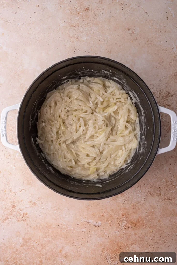Dry Vermouth mixed in to an onion roux to act as the base for French Onion Soup.