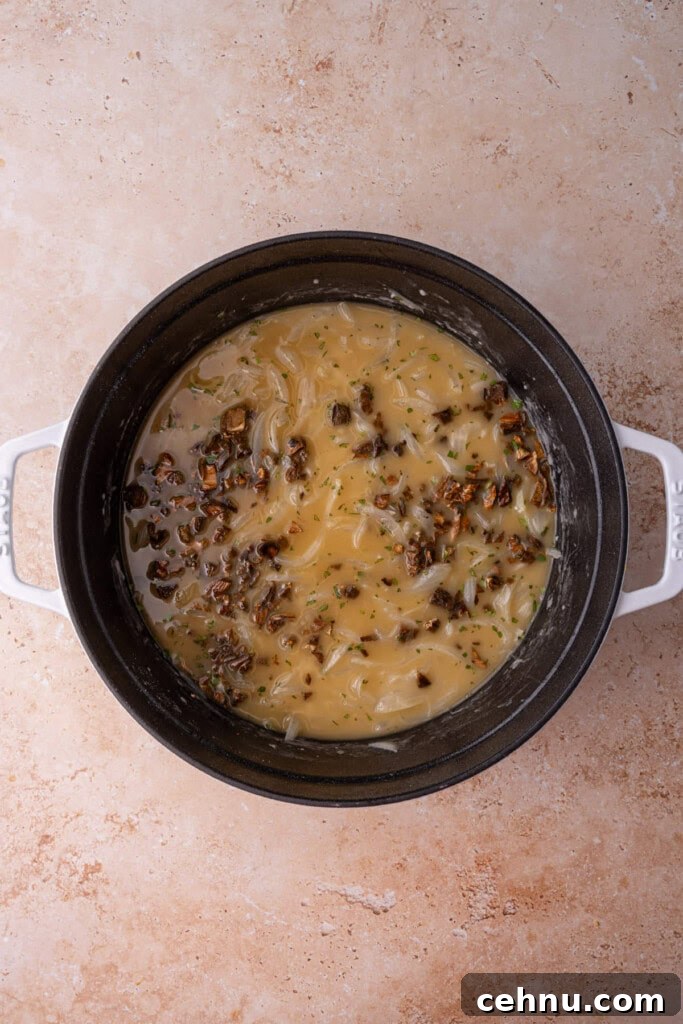 All ingredients for French onion soup simmering on the stove.