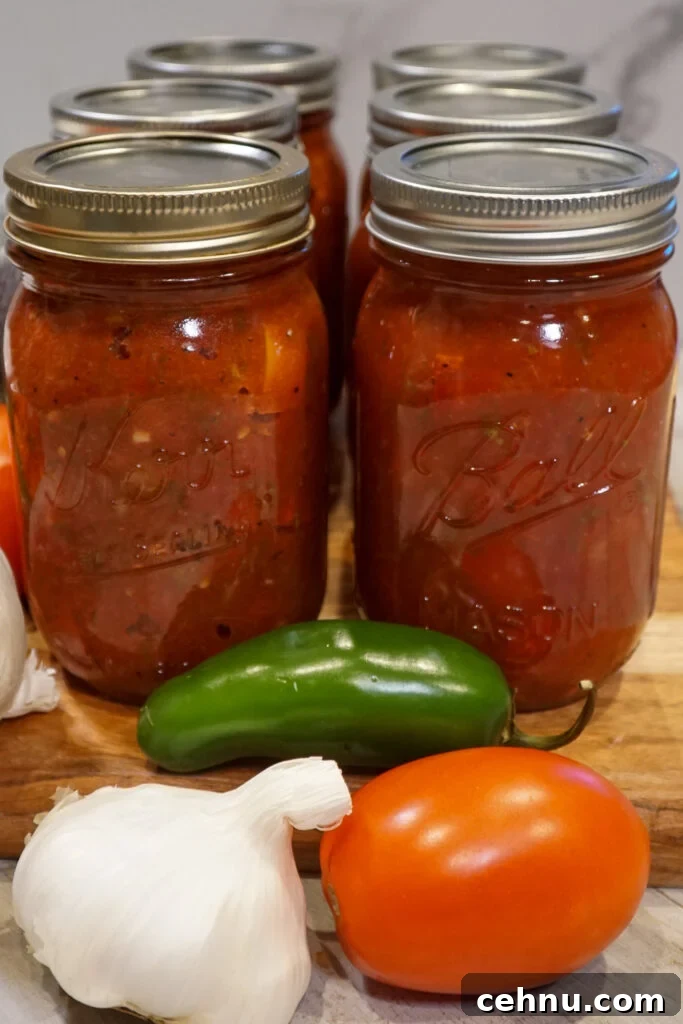 Close up of canned salsa in jars next to a jalapeno, garlic, and tomato.
