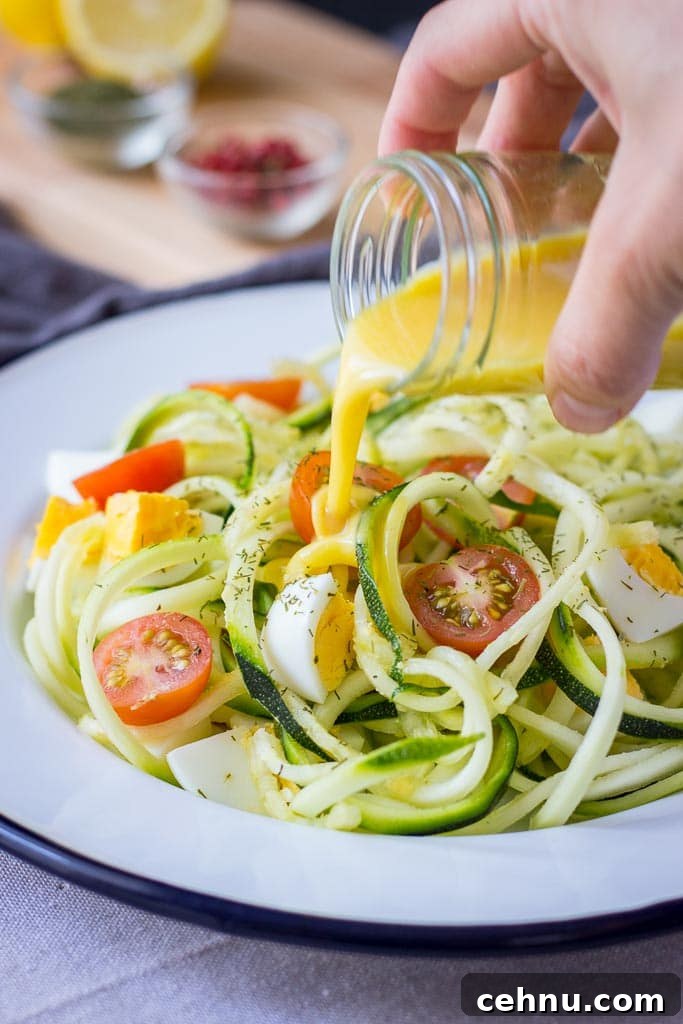 Zucchini Noodle Salad with Soft-Boiled Eggs 3 Zucchini Noodle Salad with hard-boiled eggs, cherry tomatoes and mustard flaxseed oil vinaigrette