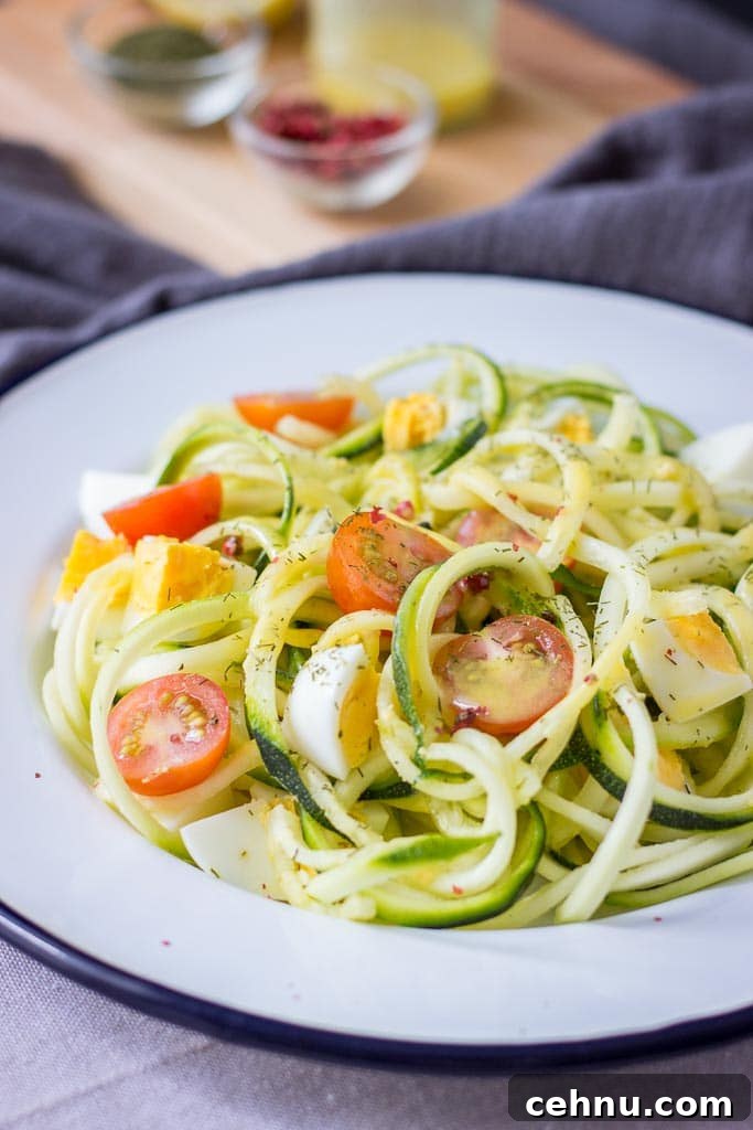 Zucchini Noodle Salad with Soft-Boiled Eggs 4 Egg Zucchini Noodle Salad with cherry tomatoes and mustard flaxseed oil vinaigrette