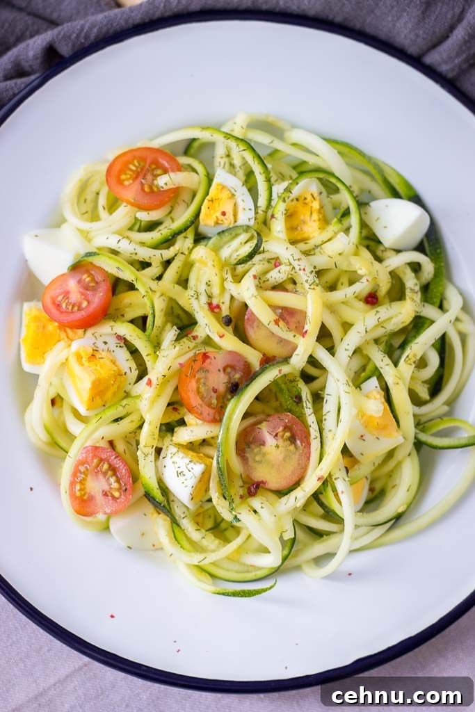 Zucchini Noodle Salad with Soft-Boiled Eggs 5 Zucchini Noodle Salad with eggs, cherry tomatoes and mustard vinaigrette