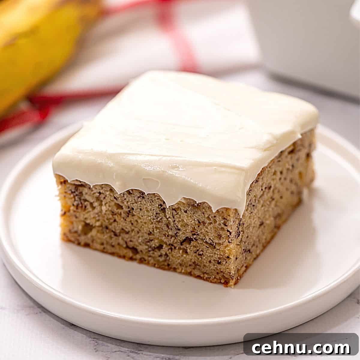 Slice of banana cake with cream cheese frosting on a white plate.