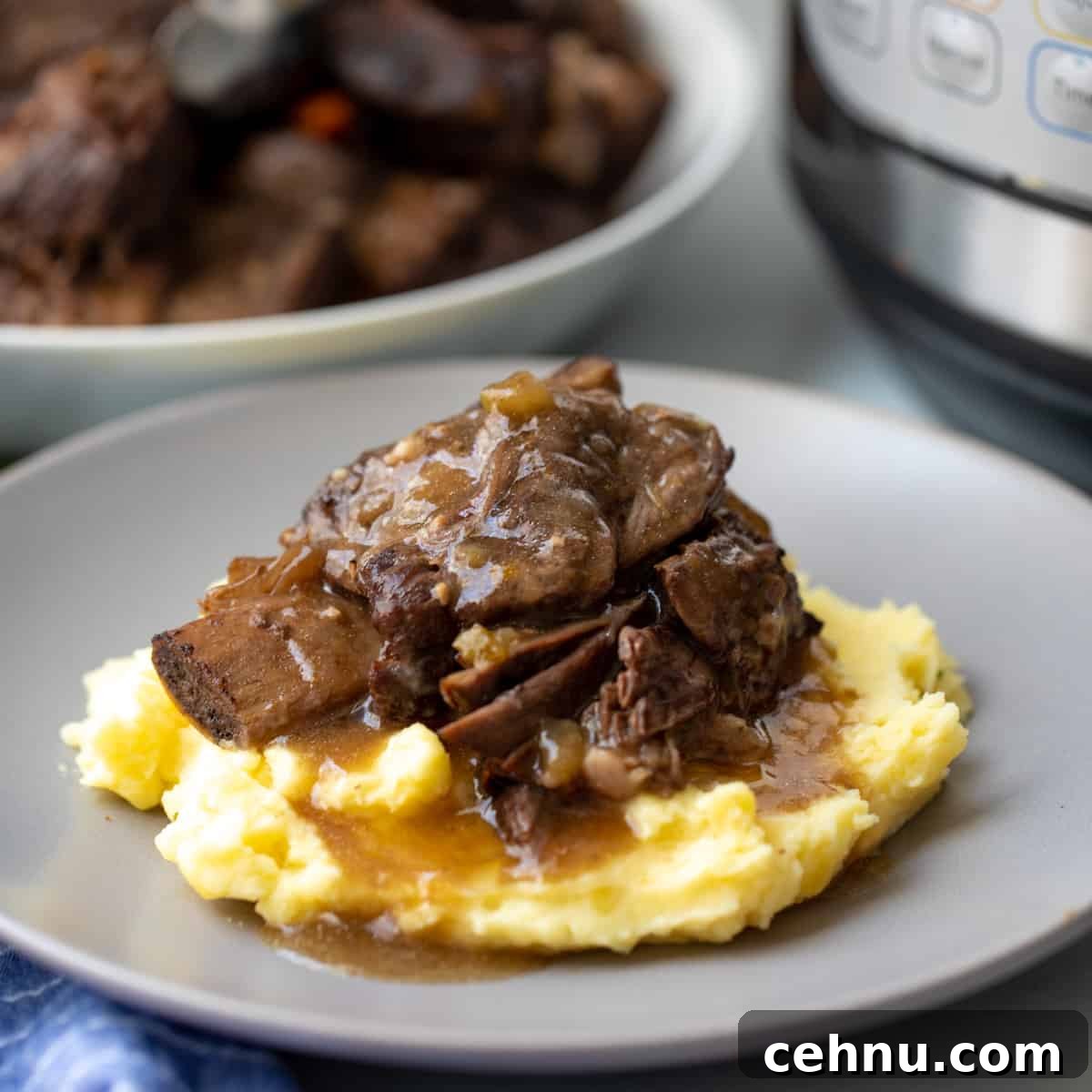 Short Ribs served with braising liquid over mashed potatoes with Instant Pot in the background.