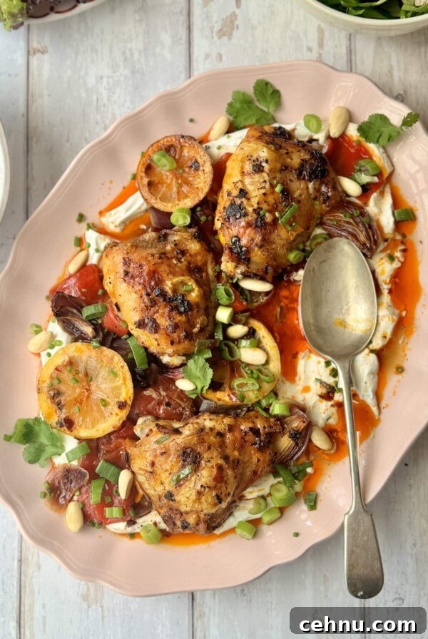 harissa chicken on platter with labneh